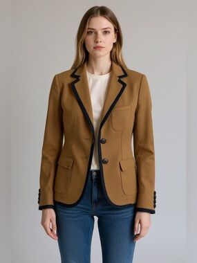J. Crew Tan Wool Blazer with Black Contrast Trim with Woven Leather Buttons
